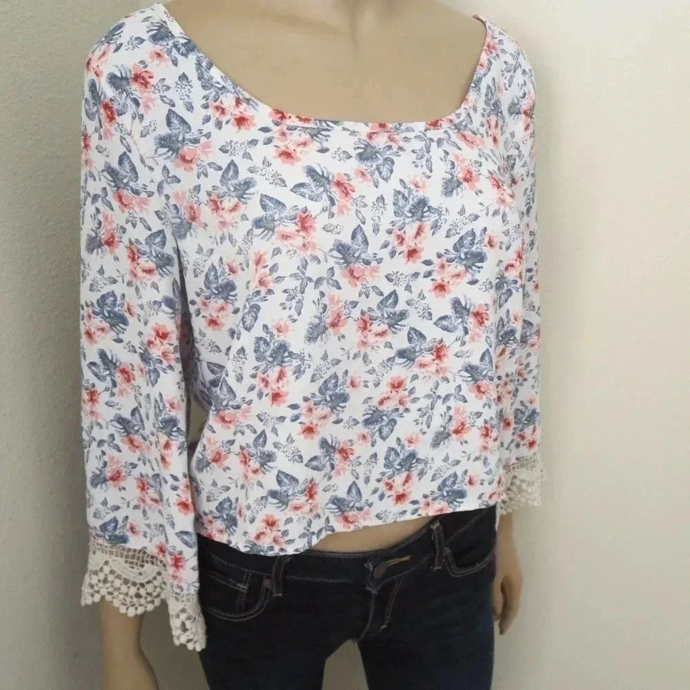 Hollister Floral Crochet Bell Sleeve Top Medium